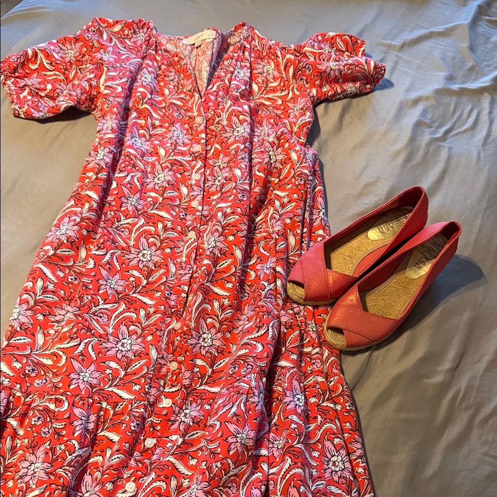 Red Floral Button-Front Women’s Dress and Ralph Lauren Shoes size 6